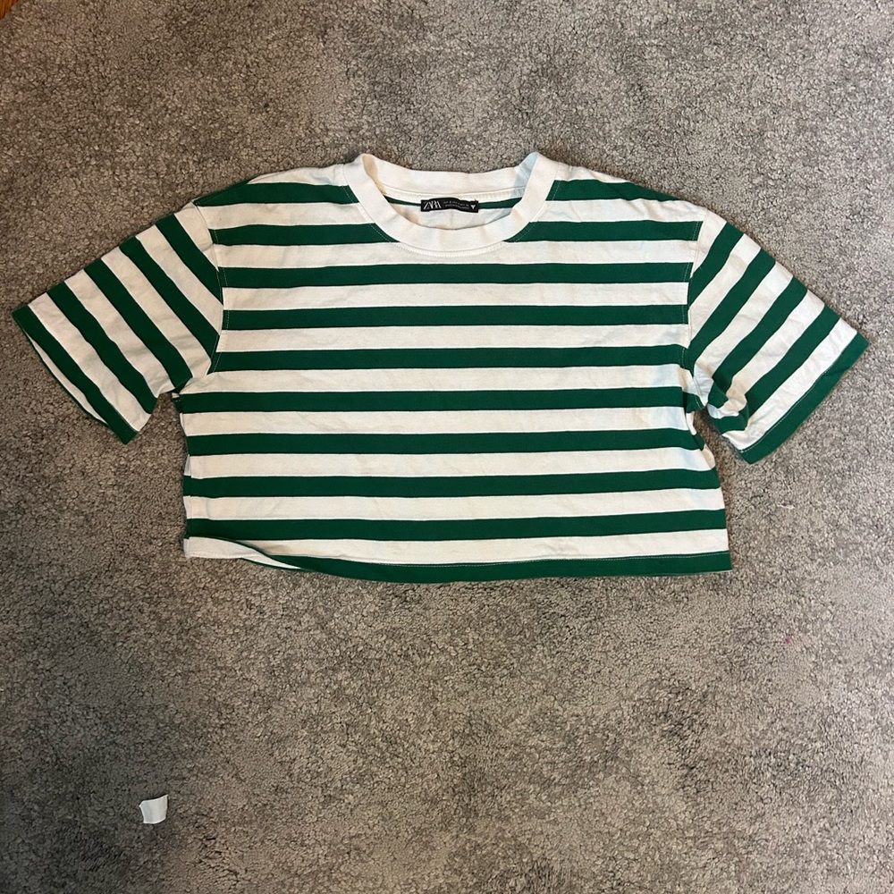 Zara Green & White Striped Crop Top